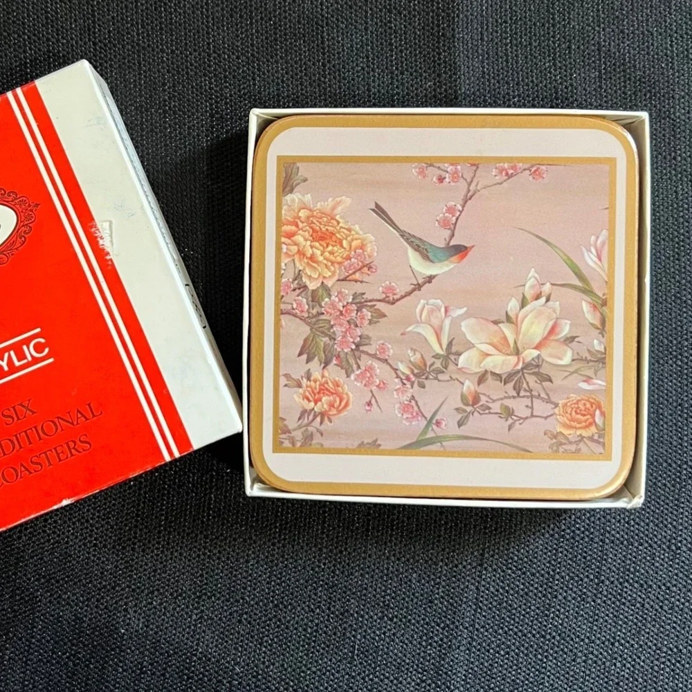 Pimpernel Vintage Acrylic Coasters Set of 6 Bird Floral Chinoiserie England
